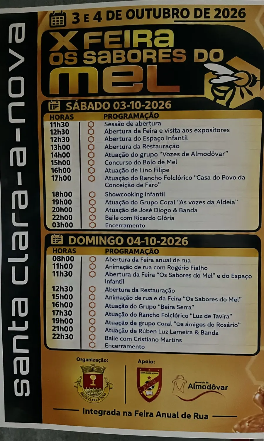 Cartaz da X Feira Os Sabores do Mel, 3 e 4 de outubro de 2026, Santa Clara-a-Nova, com o programa dos dois dias